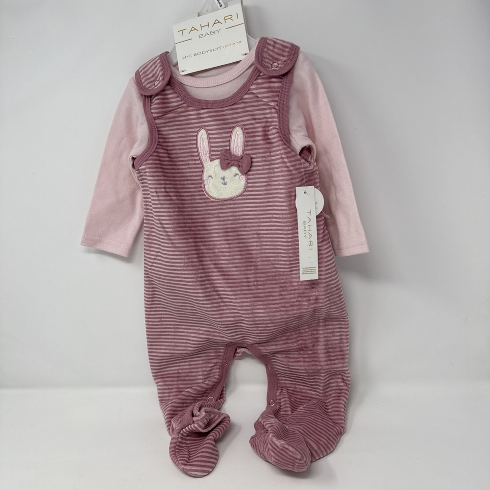 Tahari Baby Girls 2 Piece Matching Set, Pink, sz 6/9 Months Easter Bunny Velour